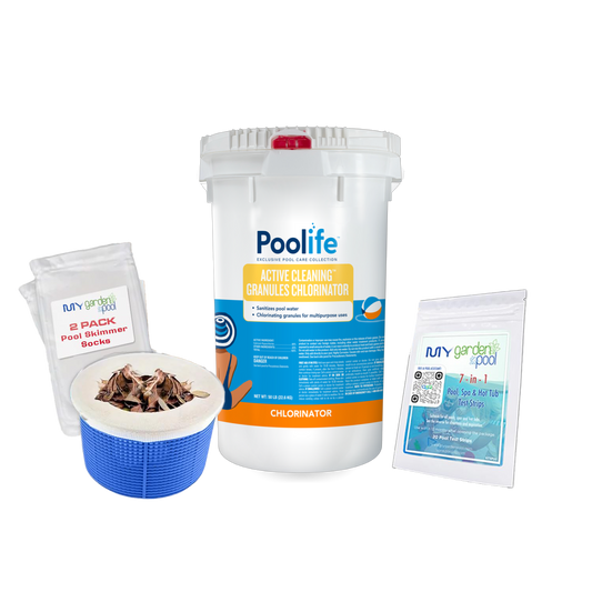 Poolife Active Cleaning Granules 100 lb – Commercial-Grade Cal Hypo Shock – Clears Cloudy Pool Water Fast – Includes 2 Scum Socks and 7-in-1 Test Strips