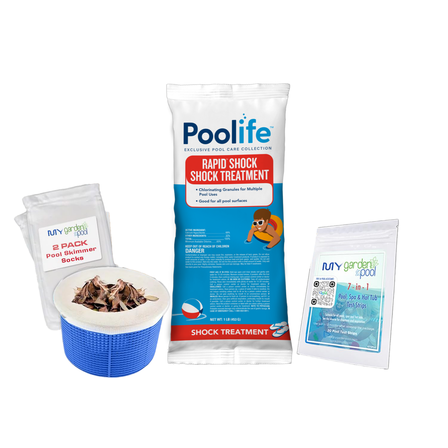 Poolife Rapid Shock 5 lb – Fast-Acting Granular Chlorine Shock – Weekly Pool Maintenance – Includes 2 Scum Socks and 7-in-1 Test Strips