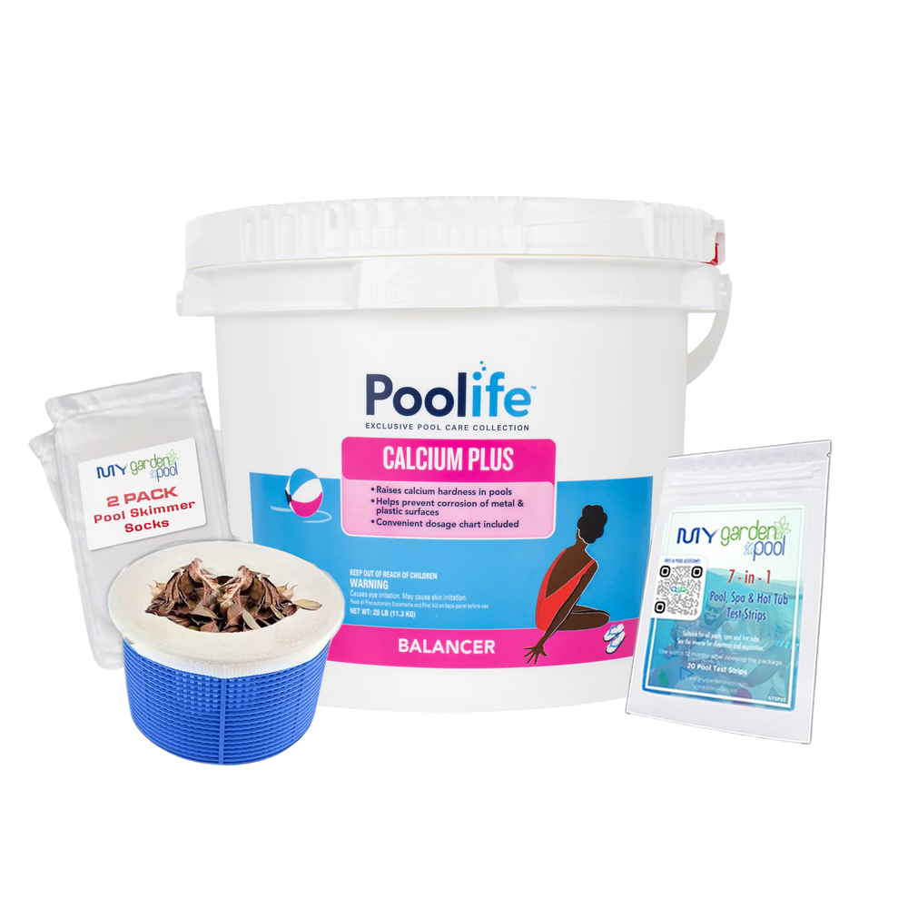 Poolife Calcium Plus 25 lb – 93% Calcium Chloride Hardness Increaser – Prevents Corrosion & Surface Damage – Includes 2 Scum Socks and 7-in-1 Test Strips