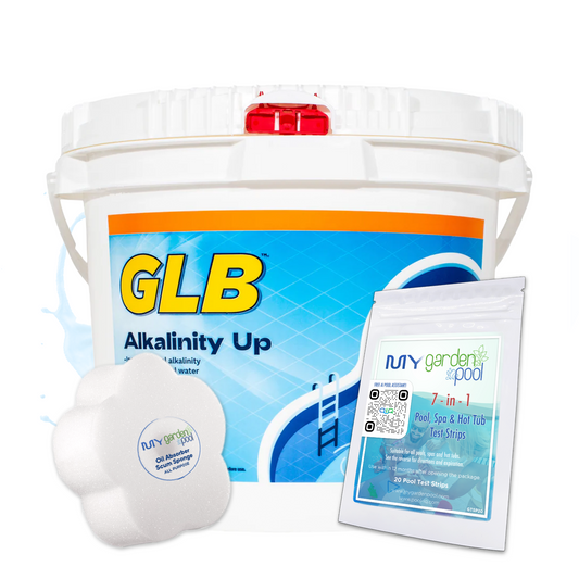 GLB Alkalinity Up 25 lbs – Balances Pool Water Chemistry – Protects Pool Equipment – Includes 2 Scum Socks and 7-in-1 Test Strips