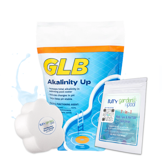 GLB Alkalinity Up (bag) 5 lbs – Boosts Pool Water Alkalinity – Stabilizes pH Levels – Includes 2 Scum Socks and 7-in-1 Test Strips