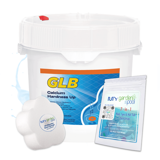 GLB Calcium Hardness Up (pail) 25 lbs – Protects Pool Surfaces – Increases Water Calcium Levels – Includes 2 Scum Socks and 7-in-1 Test Strips