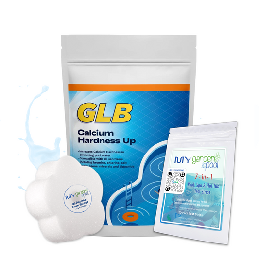 GLB Calcium Hardness Up (bag) 8 lbs – Boosts Pool Water Hardness – Prevents Corrosion and Etching – Includes 2 Scum Socks and 7-in-1 Test Strips