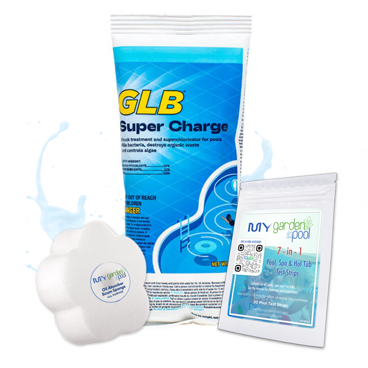 GLB Super Charge Shock 1 lb – Rapid Pool Water Sanitizer – Fast Chlorine Boost – Includes 2 Scum Socks and 7-in-1 Test Strips