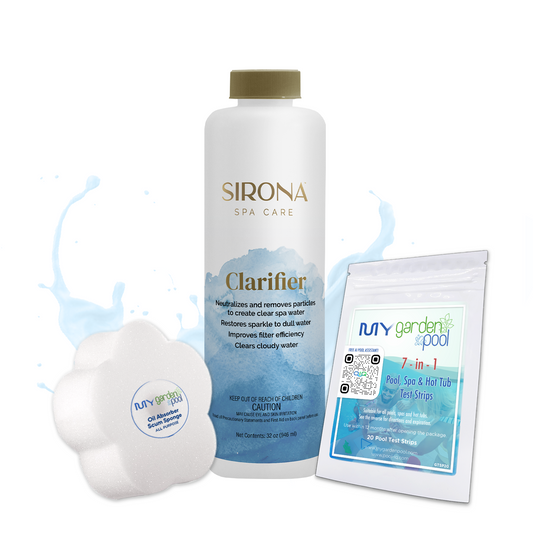 Sirona Spa Clarifier 32 fl oz – Clears Cloudy Spa Water – Enhances Filtration Efficiency – Includes Scum Sponge and 7-in-1 Test Strips