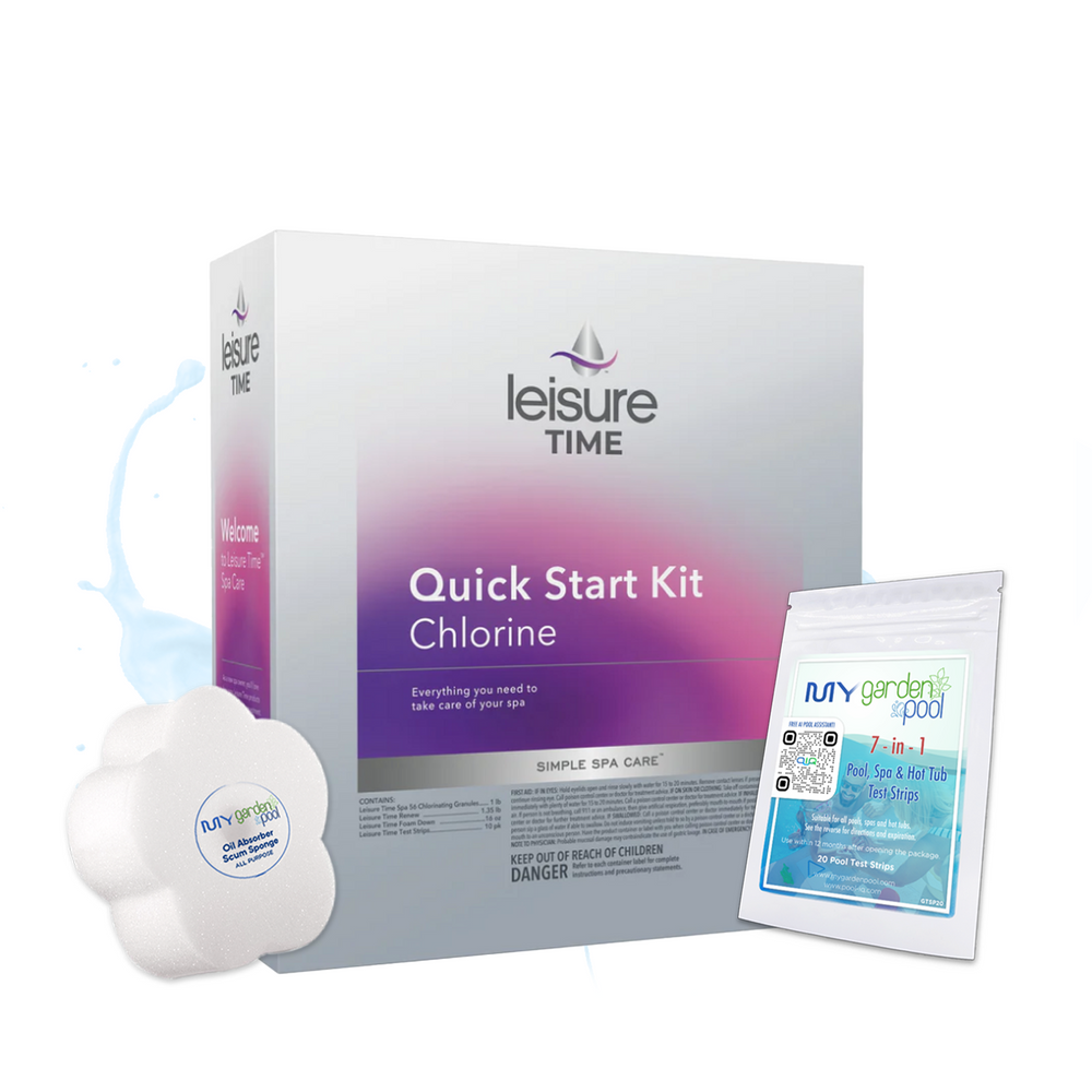 Leisure Time Chlorine Start Up Kit – Complete Chlorine Spa Start-Up Kit – Simple Water Balancing – Includes Scum Sponge and 7-in-1 Test Strips