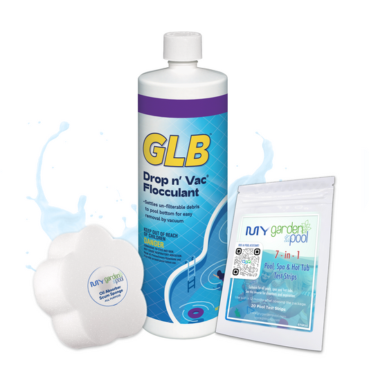 GLB Natural Clear 32 fl oz – Pool Water Clarifier – Improves Water Sparkle – Includes 2 Scum Socks and 7-in-1 Test Strips