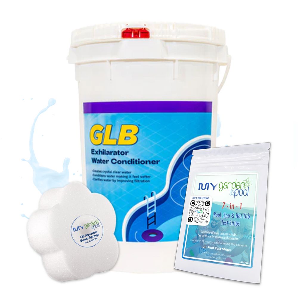 GLB Exhilarator Water Conditioner 45 lbs – Large Pack Pool Conditioner – Enhances Swimmer Comfort – Includes 2 Scum Socks and 7-in-1 Test Strips