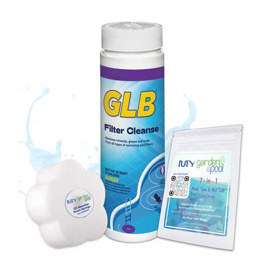 GLB Filter Cleanse 2 lbs – Deep Cleaning for Pool Filters – Restores Filter Efficiency – Includes 2 Scum Socks and 7-in-1 Test Strips