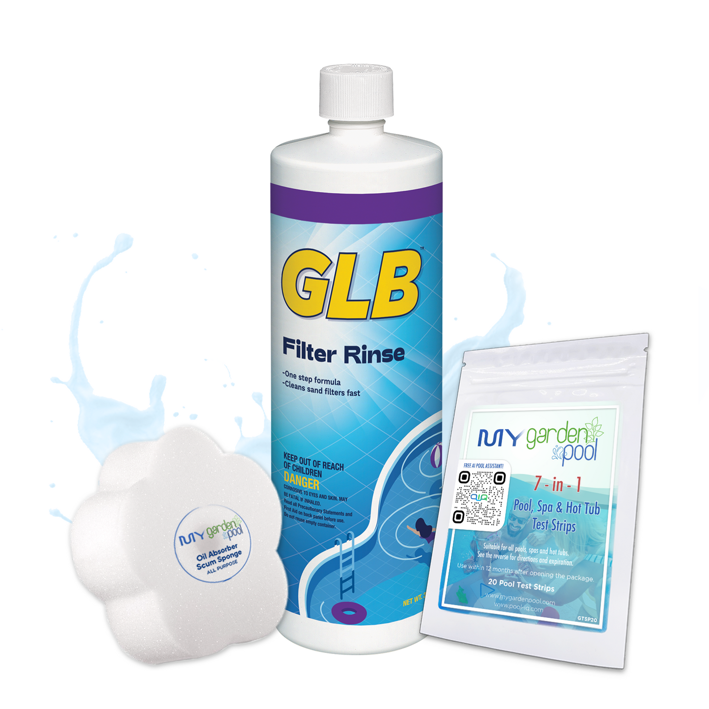 GLB Filter Rinse 32 fl oz – Quick Filter Cleaner for Pools – Improves Filter Efficiency – Includes 2 Scum Socks and 7-in-1 Test Strips