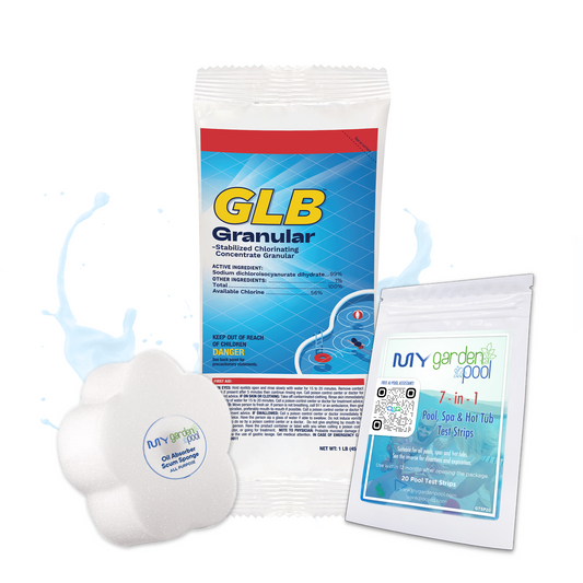 GLB 71001A Granular Chlorine, 1 LB with My Garden Pool 20 Ct. Test Strips & Scum Sponge
