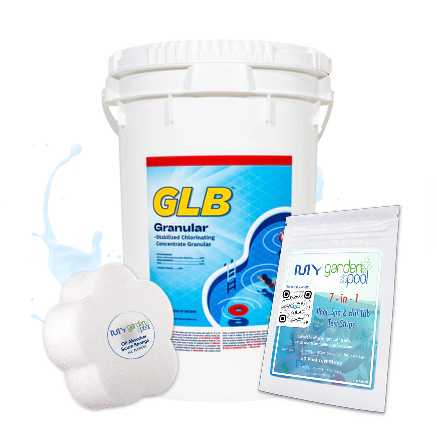 GLB Granular Chlorine 50 lbs – Bulk Pool Chlorination – Powerful Water Sanitizer – Includes 2 Scum Socks and 7-in-1 Test Strips