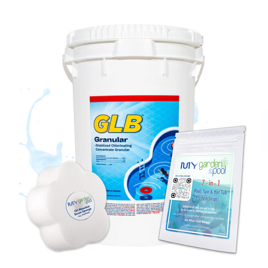 GLB Granular Chlorine 50 lbs – Bulk Pool Chlorination – Powerful Water Sanitizer – Includes 2 Scum Socks and 7-in-1 Test Strips
