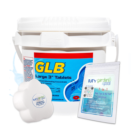 GLB Large 3" Chlorine Tablets 4 lbs – Long-Lasting Pool Sanitizer – Convenient 3" Tablets – Includes 2 Scum Socks and 7-in-1 Test Strips