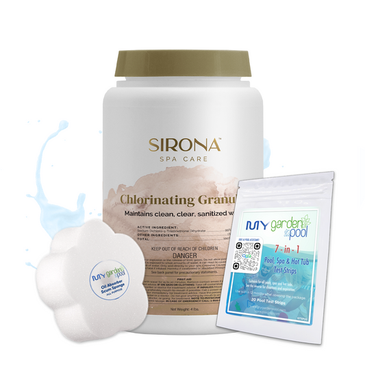 Sirona Chlorinating Granules 4 lbs – Powerful Spa Water Sanitizer – Crystal Clear Water – Includes Scum Sponge and 7-in-1 Test Strips