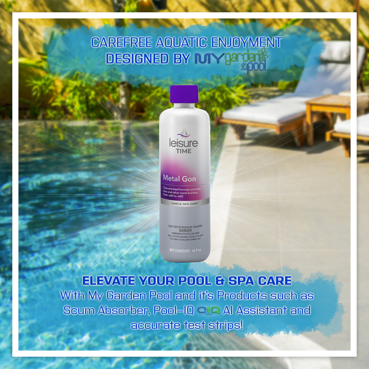 Leisure Time Metal Gon 16 fl oz – Prevents Stains from Metals – Protects Spa Surfaces – Includes Scum Sponge and 7-in-1 Test Strips