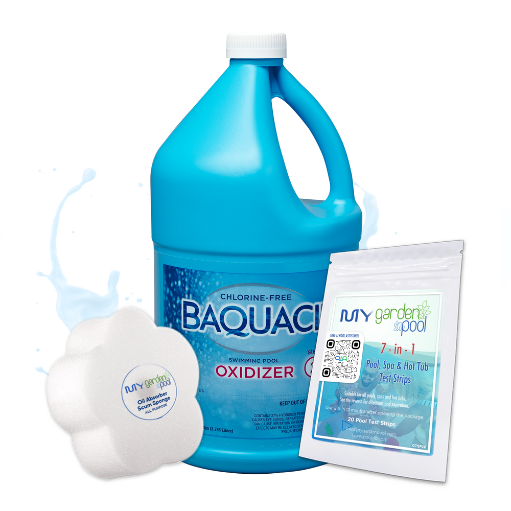 BAQUACIL Swimming Pool Oxidizer 1 Gallon – Non-Chlorine Pool Shock – Revives and Refreshes Pool Water – Includes 2 Scum Socks and 7-in-1 Test Strips