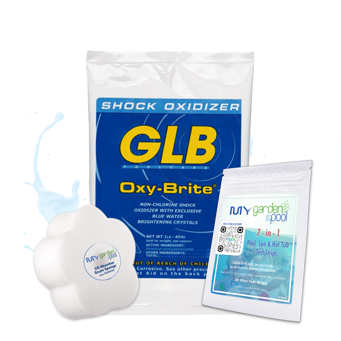 GLB Oxy-Brite 1 lb – Non-Chlorine Pool Shock – Gentle Water Oxidizer – Includes 2 Scum Socks and 7-in-1 Test Strips