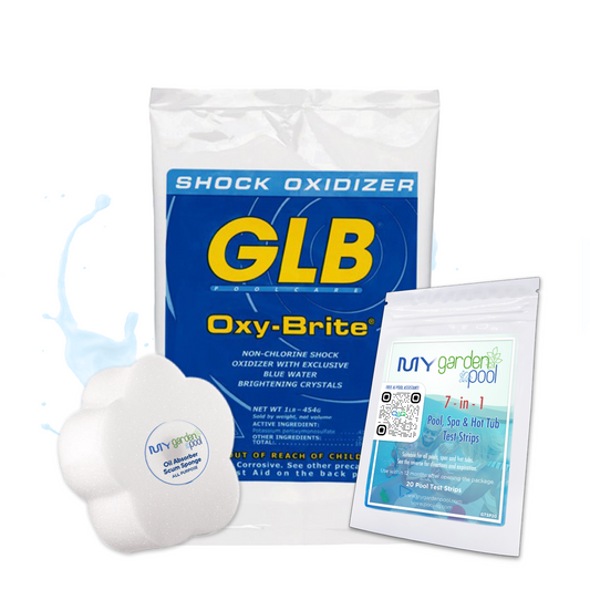 GLB Oxy-Brite 1 lb – Non-Chlorine Pool Shock – Gentle Water Oxidizer – Includes 2 Scum Socks and 7-in-1 Test Strips