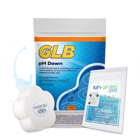 GLB pH Down (bag) 10 lbs – Lowers High Pool pH – Easy Water Balancing – Includes 2 Scum Socks and 7-in-1 Test Strips