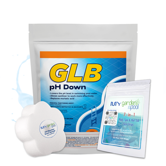 GLB pH Down (bag) 2.5 lbs – Lowers Pool pH Quickly – Balances Pool Water Chemistry – Includes 2 Scum Socks and 7-in-1 Test Strips
