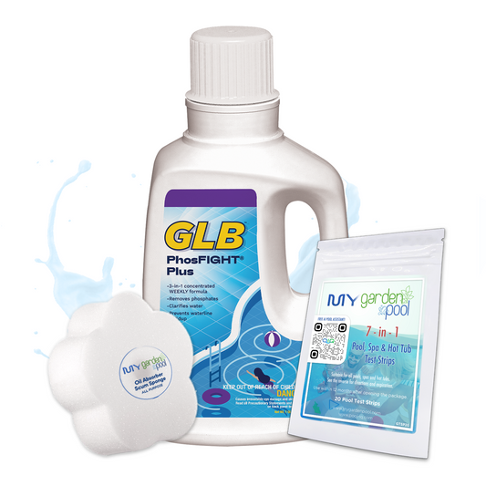 GLB PhosFIGHT Plus 32 fl oz – Removes Phosphates from Pools – Prevents Algae Blooms – Includes 2 Scum Socks and 7-in-1 Test Strips
