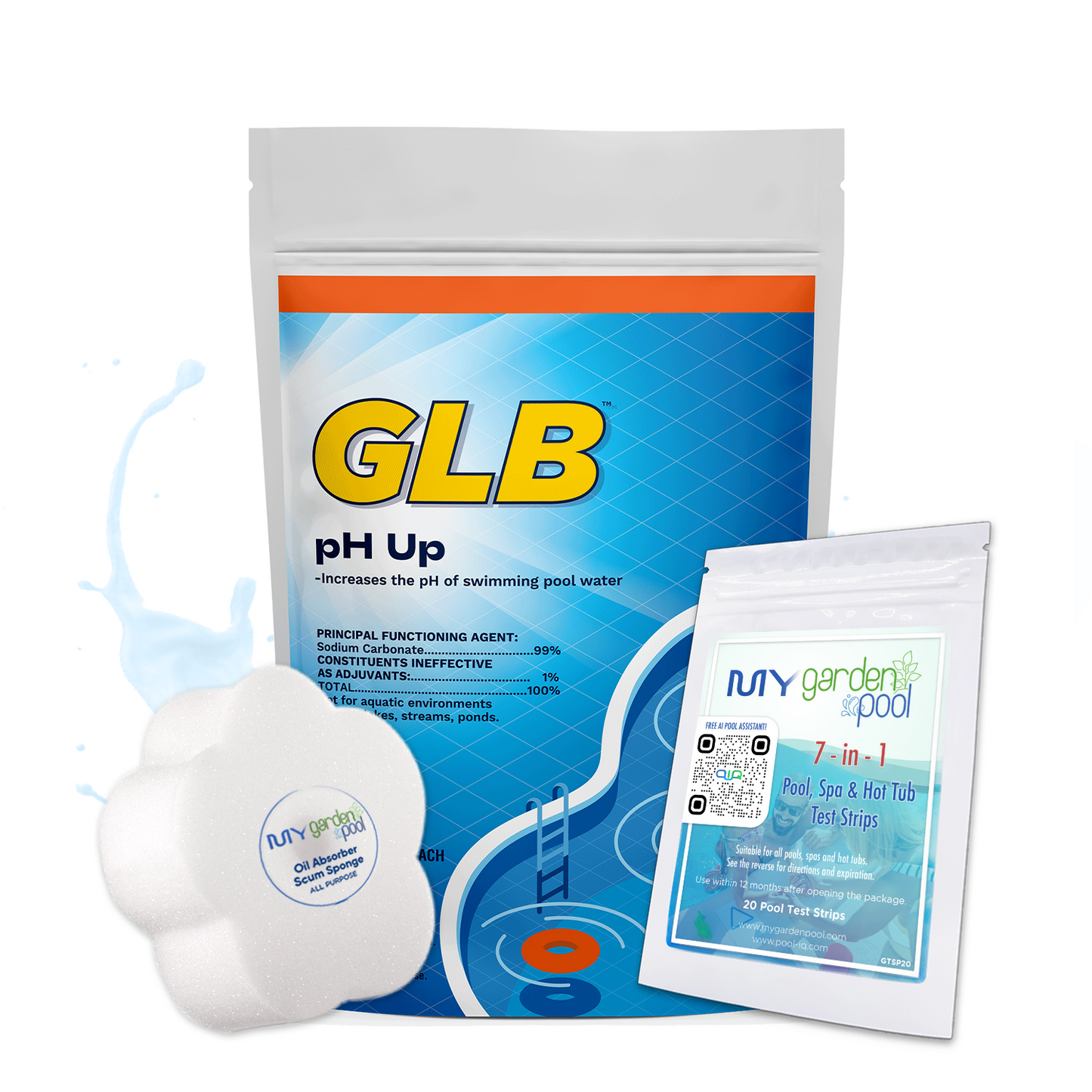 GLB pH Up (bag) 5 lbs – Increases Pool pH Levels – Safer and Balanced Water – Includes 2 Scum Socks and 7-in-1 Test Strips