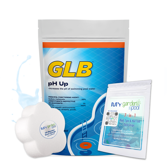 GLB pH Up (bag) 5 lbs – Increases Pool pH Levels – Safer and Balanced Water – Includes 2 Scum Socks and 7-in-1 Test Strips