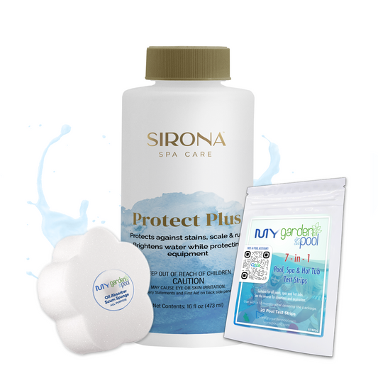 Sirona Protect Plus 16 fl oz – Shields Spa Water from Metals and Scale – Protects Plumbing and Equipment – Includes Scum Sponge and 7-in-1 Test Strips
