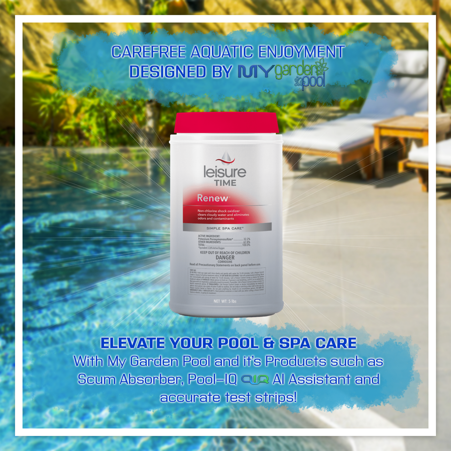 Leisure Time Renew Non-Chlorine Shock 5 lbs – Quick Spa Water Refresh – Chlorine-Free Oxidizer – Includes Scum Sponge and 7-in-1 Test Strips