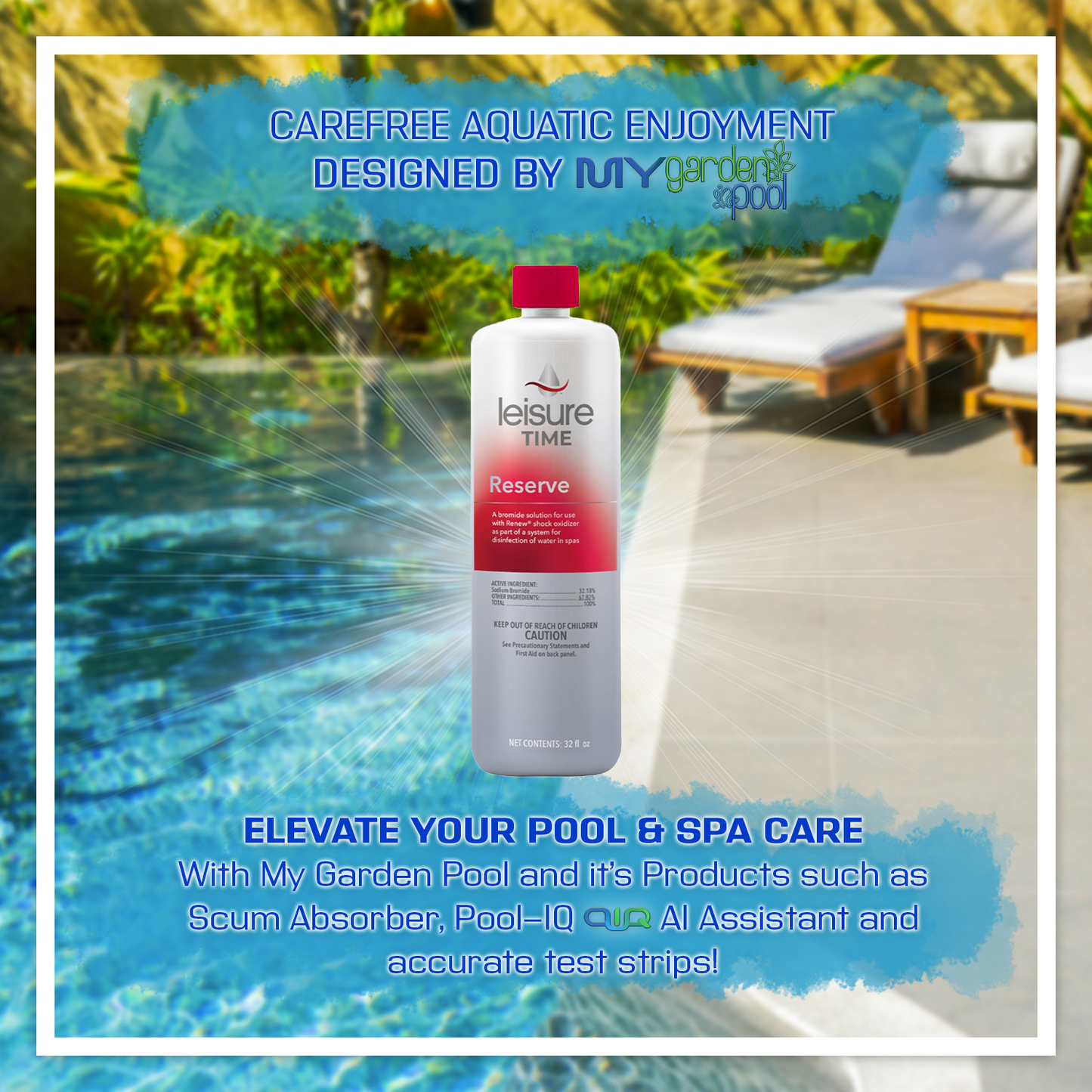 Leisure Time Reserve 32 fl oz – Bromide Solution for Spa Water Prep – Enhances Sanitizer Effectiveness – Includes Scum Sponge and 7-in-1 Test Strips