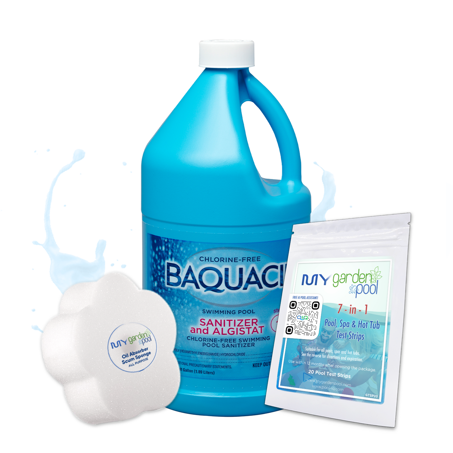 BAQUACIL Swimming Pool Sanitizer and Algistat 64 fl oz – Long-Lasting Pool Sanitizer – Effective Algae Prevention – Includes 2 Scum Socks and 7-in-1 Test Strips