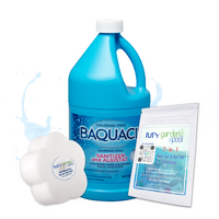 BAQUACIL Swimming Pool Sanitizer and Algistat 64 fl oz – Long-Lasting Pool Sanitizer – Effective Algae Prevention – Includes 2 Scum Socks and 7-in-1 Test Strips
