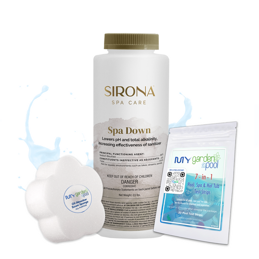 Sirona Spa Down 2.5 lbs – Lowers High Spa pH – Maintains Balanced Water Conditions – Includes Scum Sponge and 7-in-1 Test Strips