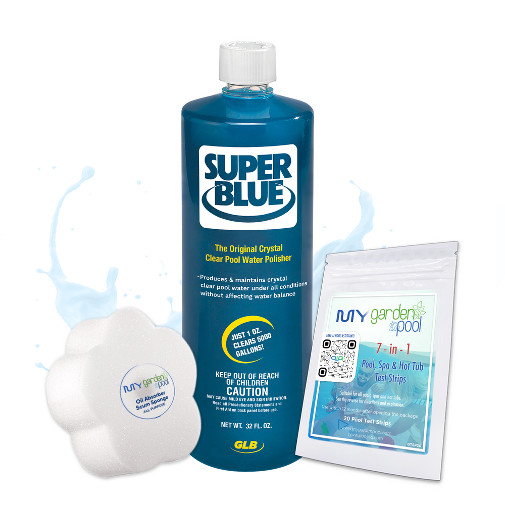 GLB Super Blue 32 fl oz – Premium Pool Water Clarifier – Sparkling Clean Water – Includes 2 Scum Socks and 7-in-1 Test Strips