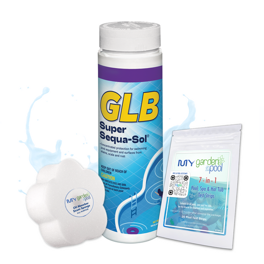 GLB Super Sequa-Sol 2 lbs – Advanced Pool Stain & Scale Preventer – Clear, Protected Pool Water – Includes 2 Scum Socks and 7-in-1 Test Strips