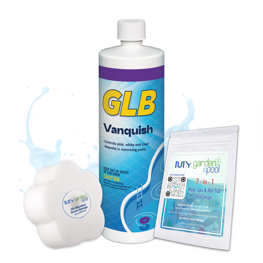 GLB Vanquish Deposit Control 32 fl oz – Eliminates Pool Stains and Scale – Clears Metals from Water – Includes 2 Scum Socks and 7-in-1 Test Strips