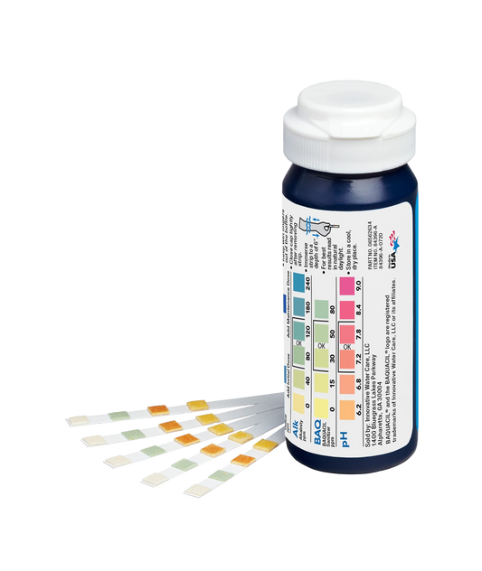 BAQUACIL 4-Way Test Strips – Easy Testing for Sanitizer, pH, Alkalinity & Hardness – Ideal for Chlorine-Free Pools – Bonus Scum Socks Included