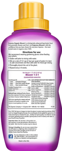 Bloom! 16 oz – Espoma Organic Liquid Plant Food for Flowering Plants – Includes My Garden Pool Claw Gloves & Soil pH Test Strips