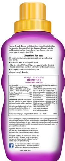 Bloom! 16 oz – Espoma Organic Liquid Plant Food for Flowering Plants – Includes My Garden Pool Claw Gloves & Soil pH Test Strips