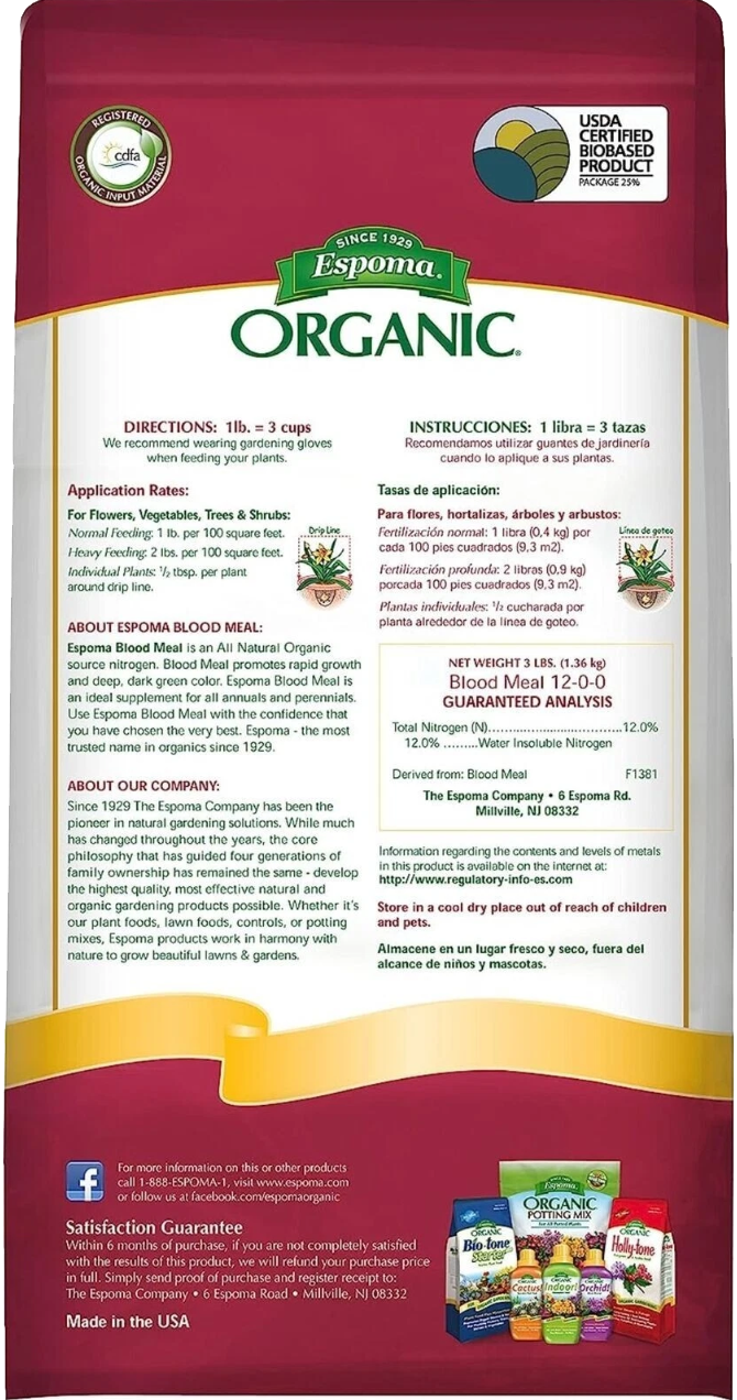 Espoma Blood Meal 3 lb – Organic Nitrogen Supplement for Leafy Growth – Bonus Gloves & Soil pH Test Kit Included