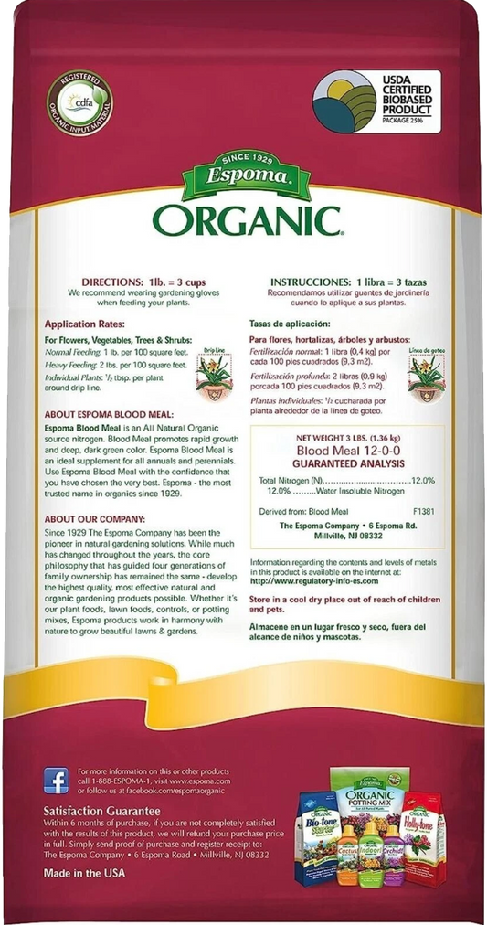 Espoma Blood Meal 3 lb – Organic Nitrogen Supplement for Leafy Growth – Bonus Gloves & Soil pH Test Kit Included