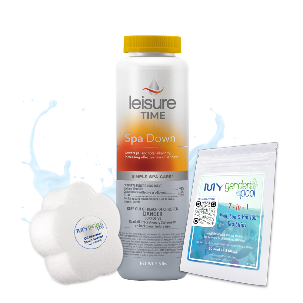 Leisure Time Spa Down 2.5 lbs – Lowers Spa Water pH for Balance – Fast-Acting Granules – Includes Scum Sponge and 7-in-1 Test Strips