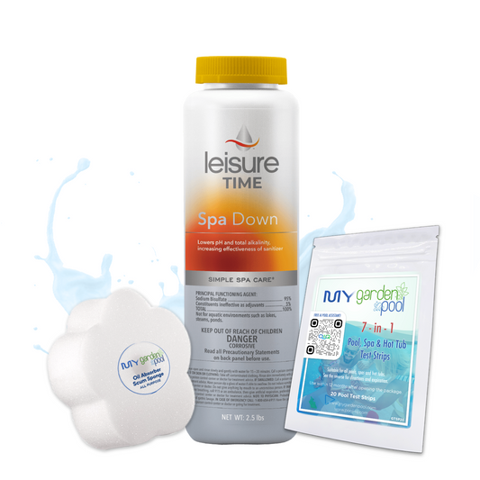 Leisure Time Spa Down 2.5 lbs – Lowers Spa Water pH for Balance – Fast-Acting Granules – Includes Scum Sponge and 7-in-1 Test Strips