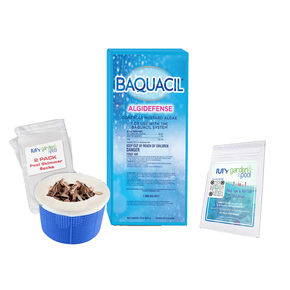 BAQUACIL Algidefense Algistat – 8 x 2 oz Doses – Prevents Green, Yellow & Black Algae – Weekly Algae Protection – Bonus Scum Socks & Test Strips