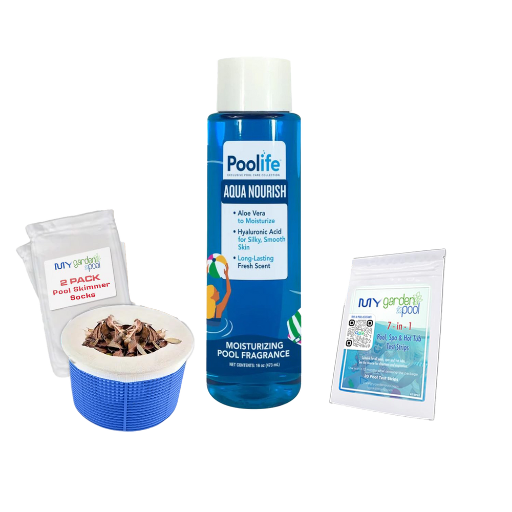 Poolife Aqua Nourish 16 fl oz – Vitamin-Enriched Water Conditioner for Softer, Healthier Pool Water – Includes Test Strips & 2 Scum Socks