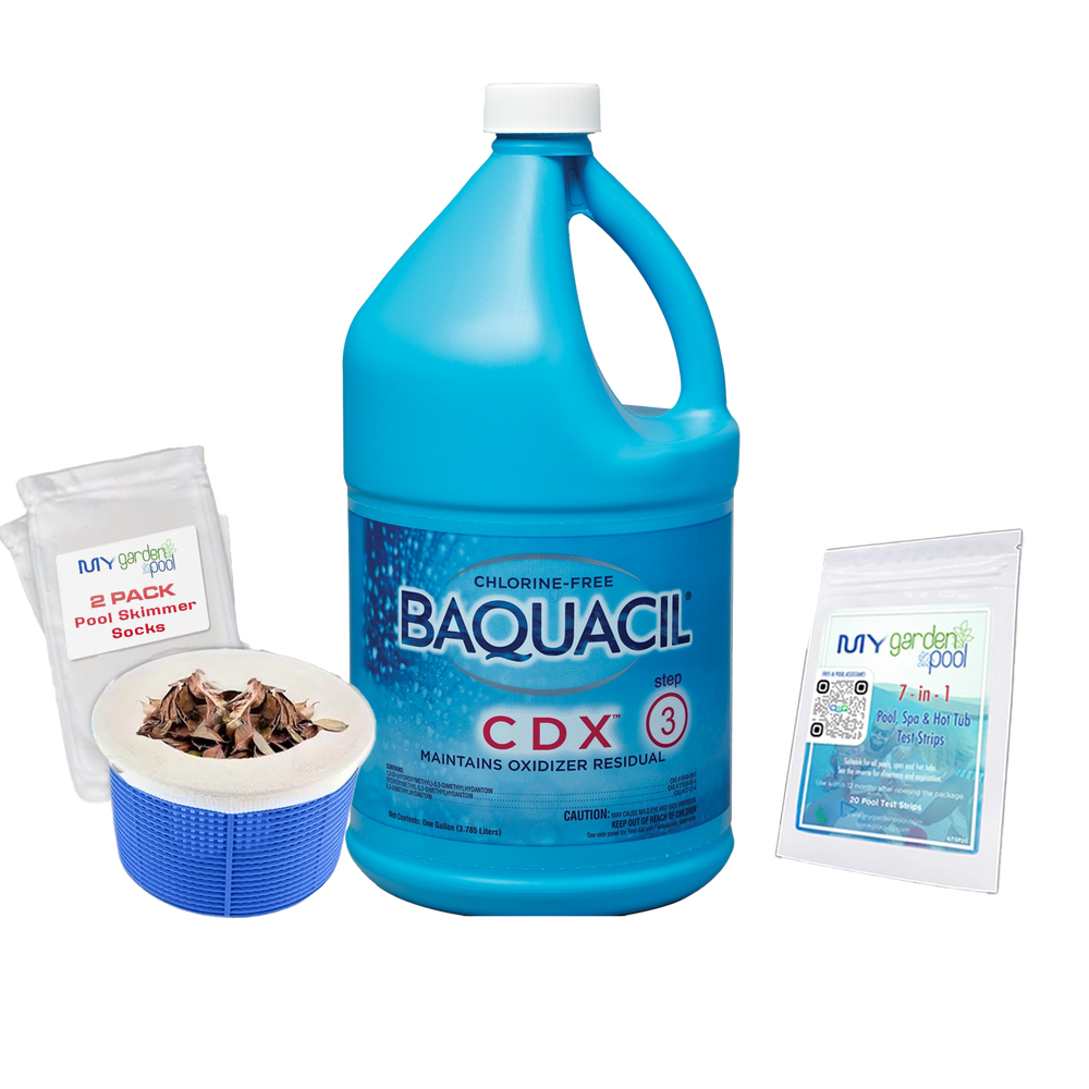 BAQUACIL CDX 64 fl oz – Step 3 in the BAQUACIL 3-Step System – Helps Maintain Oxidizer Levels & Water Clarity – Includes Scum Socks & Test Strips