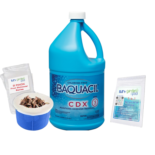 BAQUACIL CDX 64 fl oz – Step 3 in the BAQUACIL 3-Step System – Helps Maintain Oxidizer Levels & Water Clarity – Includes Scum Socks & Test Strips