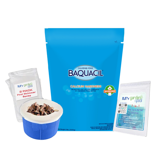 BAQUACIL Calcium Hardness Increaser – 8 lb Bag – 93% Pure Calcium Chloride – Prevents Surface Damage & Corrosion – Includes Test Strips & Scum Socks