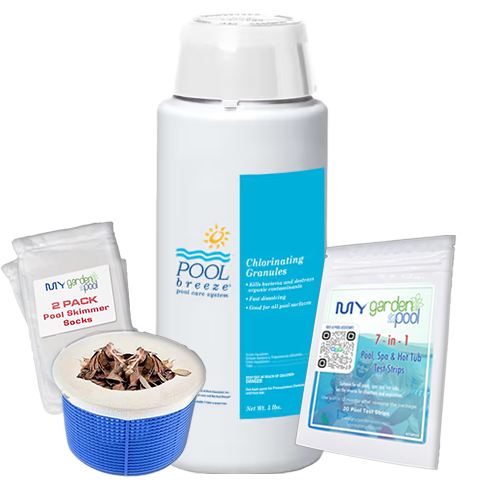 Pool Breeze Dichlor Chlorine Granules – 5 lb Bottle – Stabilized Chlorine Shock – Includes Scum Socks & Test Strips